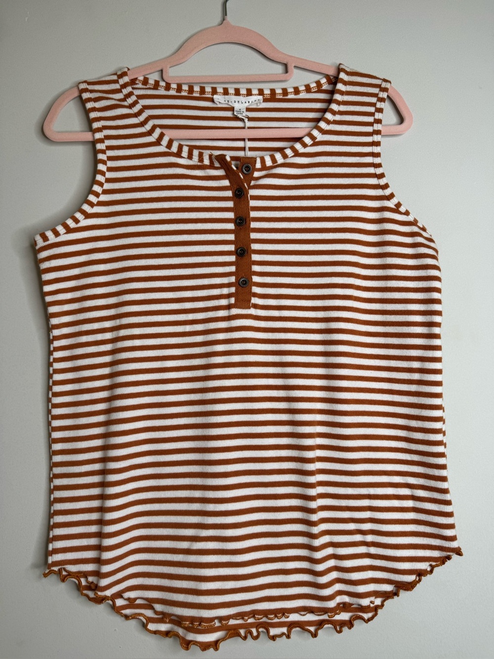 Casual Striped Henley Tank Top - Rust & White